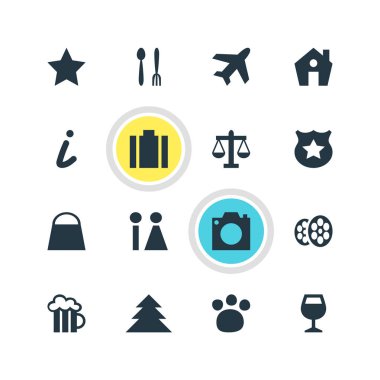 16 harita simgeler vektör Illustration. Ölçekler, orman, tuvalet ve diğer öğeleri düzenlenebilir kümesi.