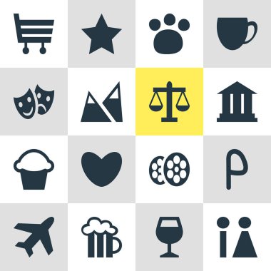 Check-In 16 simgeler vektör Illustration. Alışveriş sepeti, maskeler, kahvehane ve diğer öğeleri kümesi düzenlenebilir.