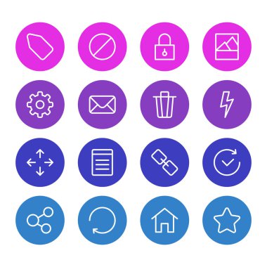 16 uygulama anahat simgeleri vektör Illustration. Etiket, Çöp konteyner, blok ve diğer öğeleri düzenlenebilir kümesi.