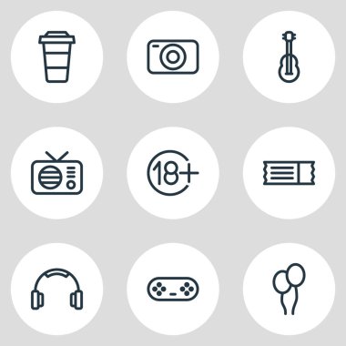 9 eğlence anahat simgeler vektör Illustration. Plastik kap, kulaklık, helyum ve diğer öğeleri düzenlenebilir kümesi.