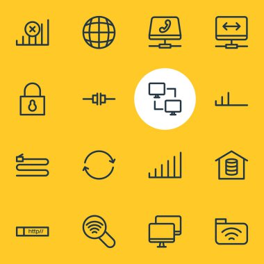 16 ağ anahat simgelerini vektör Illustration. Tel, sanal özel ağ, düzenlenebilir kümesini eşitlemek ve diğer öğeleri.