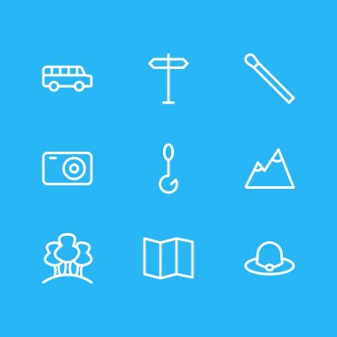 9 kamp anahat simgeler vektör Illustration. Düzenlenebilir ulaşım, peyzaj, ağaç öğeleri kümesi.