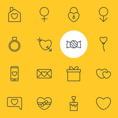16 aşk anahat simgeler vektör Illustration. Dekorasyon, lolipop, kadın ve diğer öğeleri düzenlenebilir kümesi.