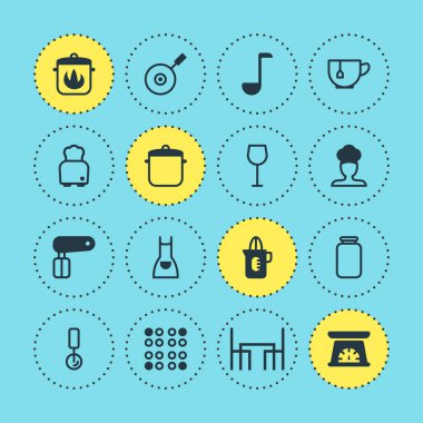 16 mutfak eşyaları simgeler vektör Illustration. Yemek Masası, tenceresi, Can ve diğer öğeleri düzenlenebilir kümesi.