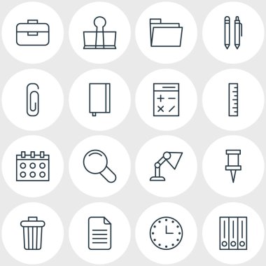 16 aletleri anahat simgeler vektör Illustration. Kalem, metre, portföy ve diğer öğeleri düzenlenebilir kümesi.