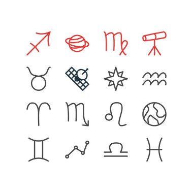 16 takımyıldızı anahat simgeler vektör Illustration. Satürn, Virgin, uydu ve diğer öğeleri düzenlenebilir kümesi.