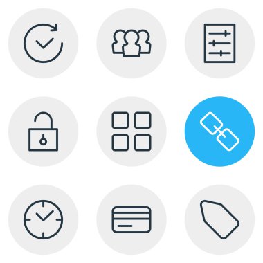 9 App anahat simgeler vektör Illustration. Zaman, asma kilit, grup ve diğer öğeleri düzenlenebilir kümesi.