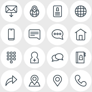 16 kişi anahat simgeler vektör Illustration. Telefon, dünya, çağrı ve diğer öğeleri düzenlenebilir kümesi.