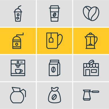 12 Java anahat simgeleri vektör Illustration. Yumuşak içecek, Türk kahve ve diğer öğeleri düzenlenebilir kümesi.