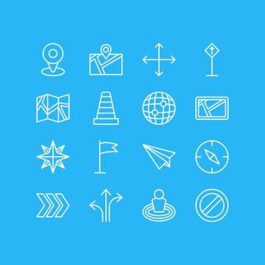 16 hareket anahat simgeleri vektör Illustration. Dünya, Origami, yön ve diğer öğeleri düzenlenebilir kümesi.