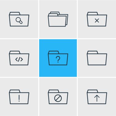 9 klasör anahat simgeleri vektör Illustration. Düzenlenebilir Büyüteç, komut dosyası, önemli ve diğer öğeleri kümesi.