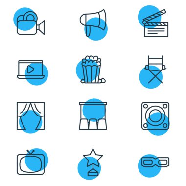 12 sinema anahat simgeleri vektör Illustration. Kamera, ödül, hoparlör ve diğer öğeleri düzenlenebilir kümesi.
