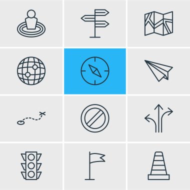 12 konumu anahat simgeleri vektör Illustration. Yön tabelası, kağıt coğrafya, yol ve diğer öğeleri düzenlenebilir kümesi.