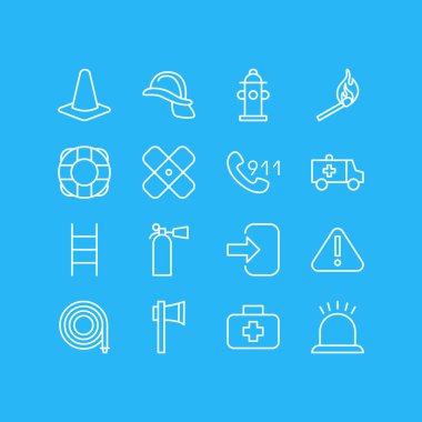 16 acil anahat simgeler vektör Illustration. Tıbbi durum, kask, konik ve diğer öğeleri düzenlenebilir kümesi.