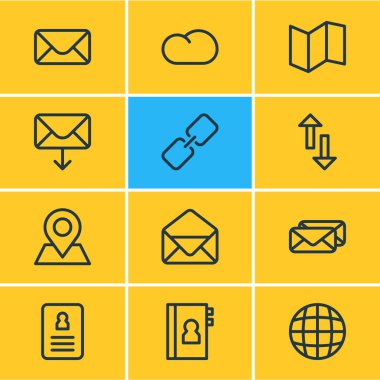 12 kişi anahat simgeleri vektör Illustration. Mektup, kağıt coğrafya, yön ve diğer öğeleri düzenlenebilir kümesi.