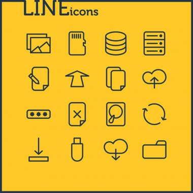 16 depolama anahat simgeler vektör Illustration. Anlaşma, Download, Galeri ve diğer öğeleri düzenlenebilir kümesi.