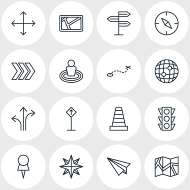 16 yön anahat simgeler vektör Illustration. Marker, ok, yer ve diğer öğeleri düzenlenebilir kümesi.