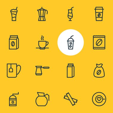 16 içki anahat simgeler vektör Illustration. Mocha, kahve, kahve makinesi ve diğer öğeleri düzenlenebilir kümesi.