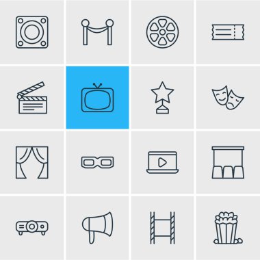 16 Film anahat simgeler vektör Illustration. Clapper, Hall, monitör ve diğer öğeleri düzenlenebilir kümesi.