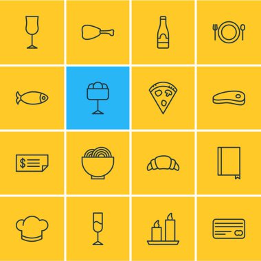 16 Cafe anahat simgeler vektör Illustration. Kitap, kase, bardağı ve diğer öğeleri düzenlenebilir kümesi.