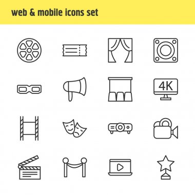 16 film anahat simgeler vektör Illustration. Tiyatro, film şeridi, monitör ve diğer öğeleri düzenlenebilir Set.