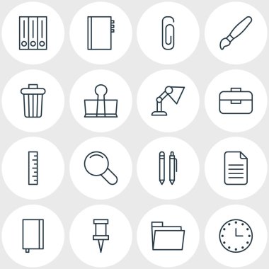 16 ileti örneği anahat simgeler vektör Illustration. Ölçer, Portföy, ışığı ve diğer öğeleri düzenlenebilir kümesi.