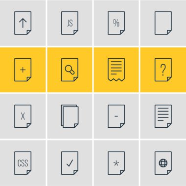 16 sayfa anahat simgeler vektör Illustration. Komut dosyası, arama, belge ve diğer öğeleri düzenlenebilir kümesi.