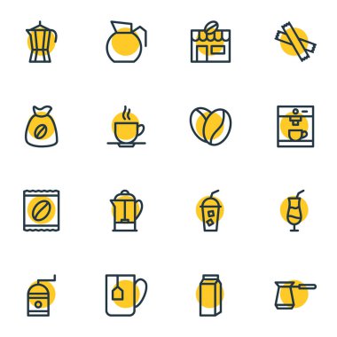 16 içki anahat simgeler vektör Illustration. Mill, tohum, tatlandırıcı ve diğer öğeleri düzenlenebilir kümesi.