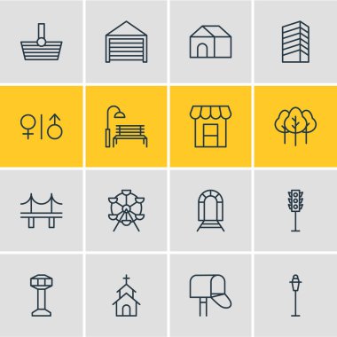 16 şehir anahat simgeler vektör Illustration. Golden Gate, tezgah, Bina ve diğer öğeleri düzenlenebilir kümesi.