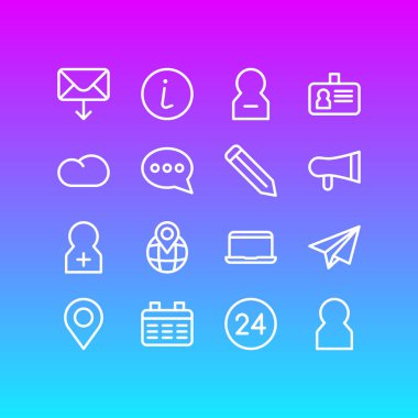 16 topluluk anahat simgeler vektör Illustration. Profil, kimlik kartı, megafon ve diğer öğeleri düzenlenebilir kümesi.