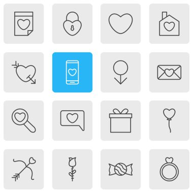 16 Amour anahat simgeler vektör Illustration. Messenger, ok, ev ve diğer öğeleri düzenlenebilir kümesi.