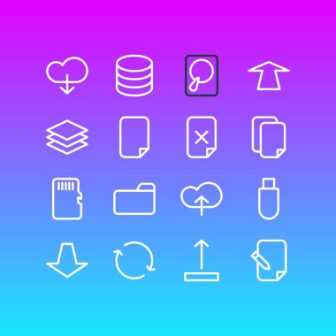 16 Arşiv anahat simgeler vektör Illustration. Bellek, anlaşma, dosya ve diğer öğeleri düzenlenebilir kümesi.