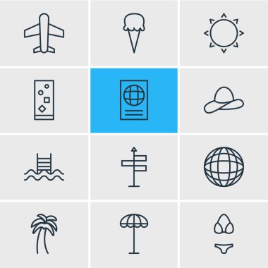 12 sezon anahat simgeleri vektör Illustration. Düzenlenebilir uçak, dünya, ada öğeleri kümesi.