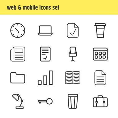 16 Office anahat simgeler vektör Illustration. Düzenlenebilir kontrol, bitmiş, kahve ve diğer öğeleri kümesi.