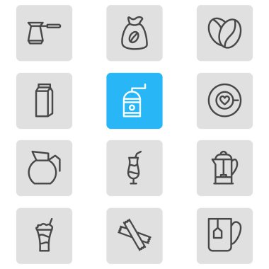 12 Java anahat simgeleri vektör Illustration. Çanta, kokteyl, tohum ve diğer öğeleri düzenlenebilir kümesi.