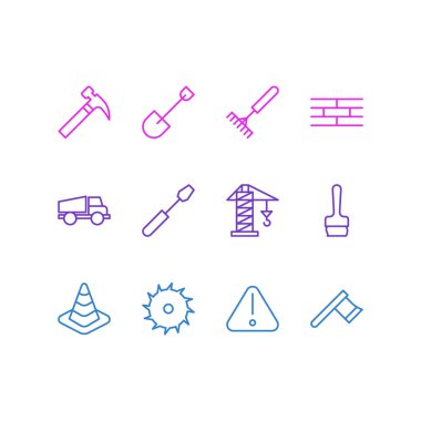 12 sanayi anahat simgeleri vektör Illustration. Dikkat, kamyon, yol işaret ve diğer öğeleri düzenlenebilir kümesi.