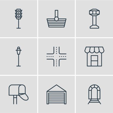 9 kentsel anahat simgeler vektör Illustration. Tente, kavşak, Park ve diğer öğeleri düzenlenebilir kümesi.