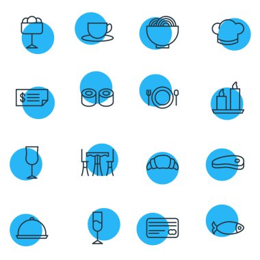 16 yeme anahat simgeler vektör Illustration. Şarap, kart, tatlı ve diğer öğeleri düzenlenebilir kümesi.