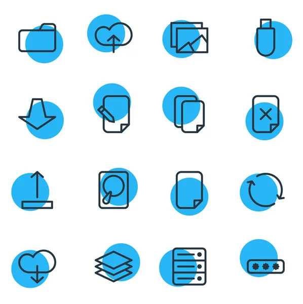 Illustration vectorielle de 16 icônes de contour de stockage. Ensemble modifiable de flèche vers le haut, couche, télécharger et autres éléments . — Image vectorielle