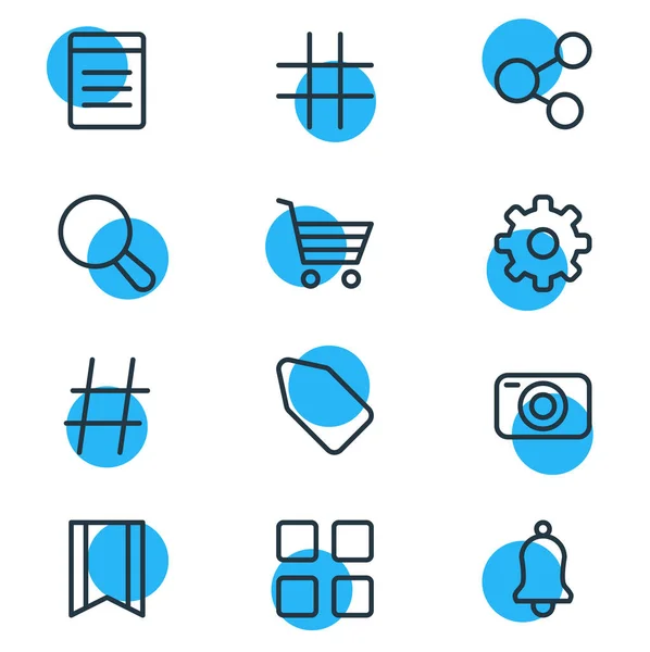 Ilustración vectorial de 12 iconos del esquema del anexo. Conjunto editable de compras, etiquetas, lupa y otros elementos . — Vector de stock