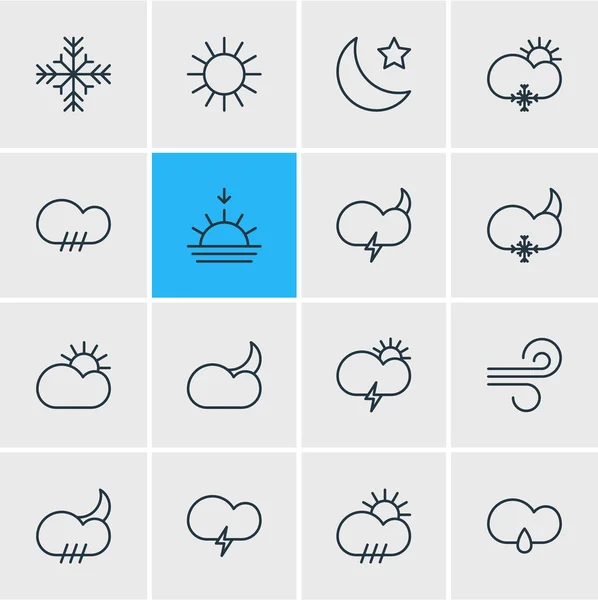 Ilustración vectorial de 16 iconos del contorno de la atmósfera. Conjunto editable de luz solar, tormenta de viento, copo de nieve y otros elementos . — Vector de stock