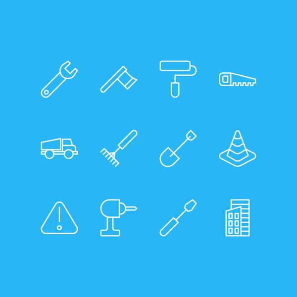Vektorillustration av 12 industri disposition ikoner. Redigerbara uppsättning bågfil, Harrow, lägenhet och andra element. — Stock vektor