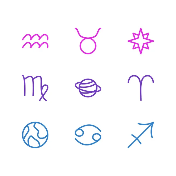 Ilustración vectorial de 9 iconos del contorno de la galaxia. Conjunto editable de planeta, favorito, arquero y otros elementos . — Vector de stock