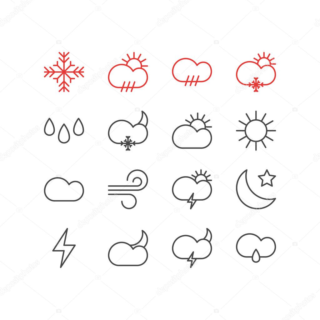 Vector Illustration Of 16 Atmosphere Outline Icons. Editable Set Of Windstorm, Rain, Snow And Other Elements.