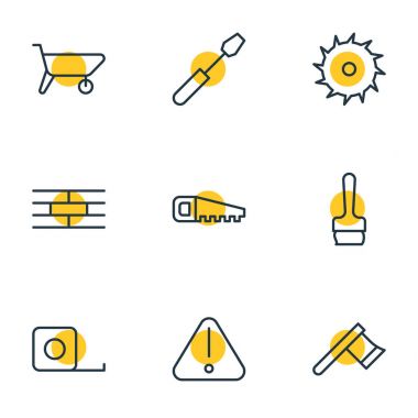 9 inşaat anahat simgeler vektör Illustration. Düzenlenebilir boya fırçası, ölçü birimi teyp, bulutsuz öğeleri kümesi.