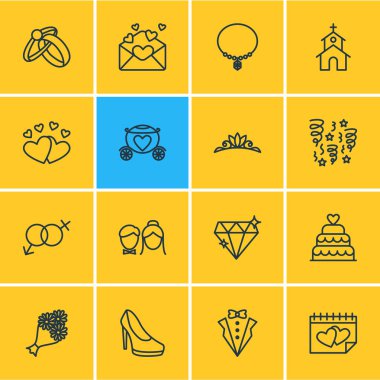 16 düğün anahat simgeler vektör Illustration. Takı, Aksesuar, çift ve diğer öğeleri düzenlenebilir kümesi.