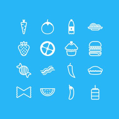 16 yemek anahat simgeler vektör Illustration. Berry, filtrelenmiş su, Muffin ve diğer öğeleri düzenlenebilir kümesi.