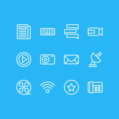 12 medya anahat simgeler vektör Illustration. Günlük basın, tuş takımı, harf ve diğer öğeleri düzenlenebilir kümesi.