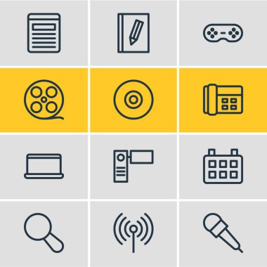 12 medya anahat simgeler vektör Illustration. Tarih, mikrofon, tarayıcı ve diğer öğeleri düzenlenebilir kümesi.