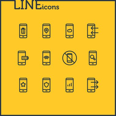 12 Smartphone anahat simgeleri vektör Illustration. Meteoroloji, konumu, Gadget'ı ve diğer öğeleri düzenlenebilir kümesi.